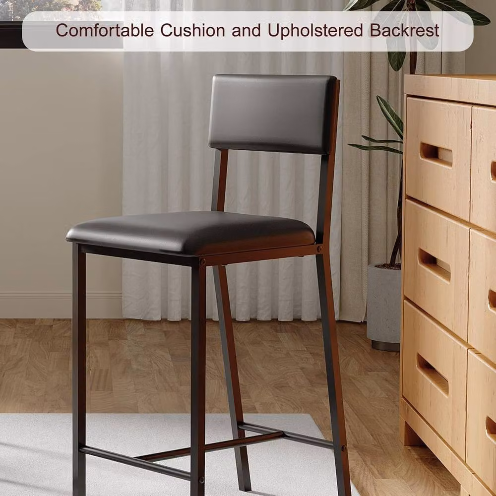 London Boutique Set of 2 Black Synthetic Leather Upholstered Bar Stools with Footrest and Backrest – 3