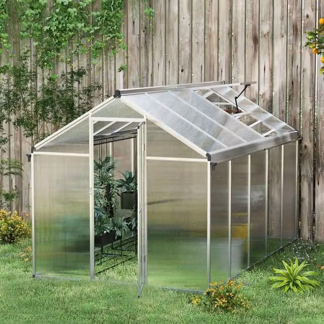 OUTSUNNY Aluminium Greenhouse with Door, Window and Galvanised Base in Silver, W/D/H: 305 x 195 x 192 cm