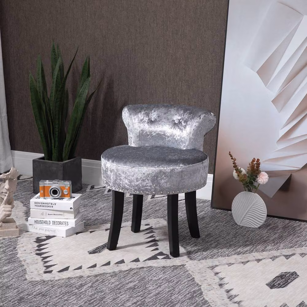 ERGOVEXA Grey Velvet Dressing Table Stool with Rubberwood Legs – 4