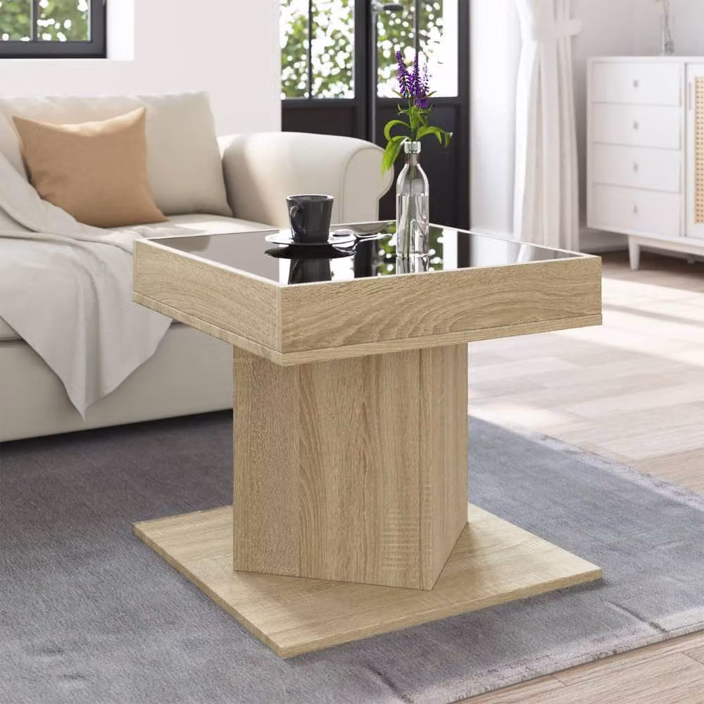 Berkfield Home Decorative LED Coffee Table in Sonoma Oak and Glass, Light Brown, W/D/H: 50 x 50 x 45 cm – 2
