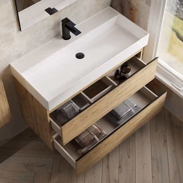 Banyetti Vatilla 1000mm Wall-Hung Vanity Unit with Veneto 1 Basin in Ostippo Light Oak