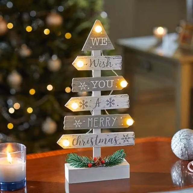Marco Paul Modern White and Silver Wooden Tabletop Christmas Tree with 6 LED Lights – 1