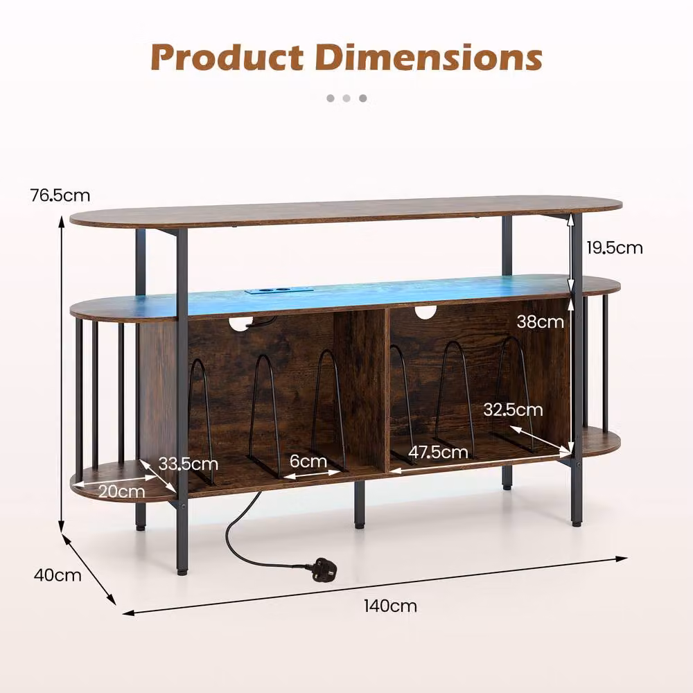Gymax 3-Tier Brown Vinyl Cabinet and Record Player Stand with Integrated Lighting and Media Compartments – 2