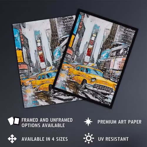 Artery8 New York City Taxi Times Square Cityscape Framed Wall Art Print, Multicolour, W: 21.0 cm, H: 29.7 cm – 2