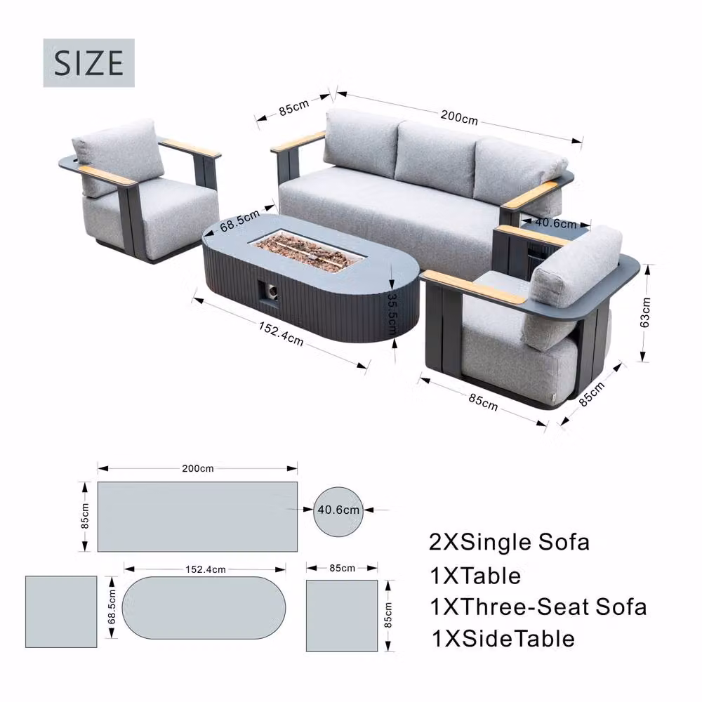 MIMO Outdoor 5-Seater Grey Powder Coated Aluminium Garden Sofa Set with Upholstered Cushions and Terrafab Fire Pit Table – 4