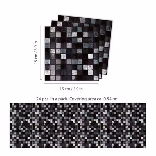 WALPLUS Marquina Metallic Black and White Marble Tile Stickers, 24 Pack, W/D/H: 15 x 15 x 0.54 cm – 4