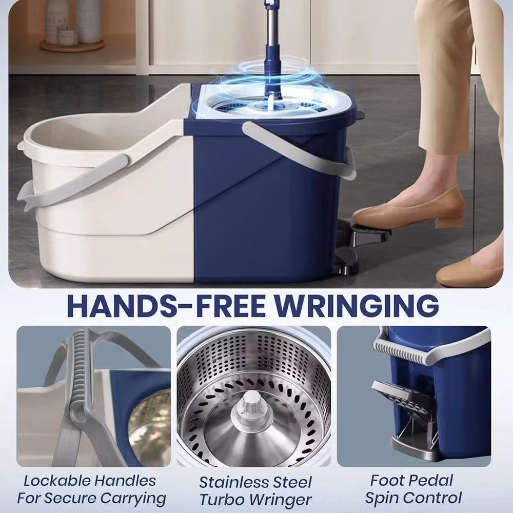 FLAVORA Blue Spin Mop and Bucket Set with Wringer and Microfibre Floor Mop – 3