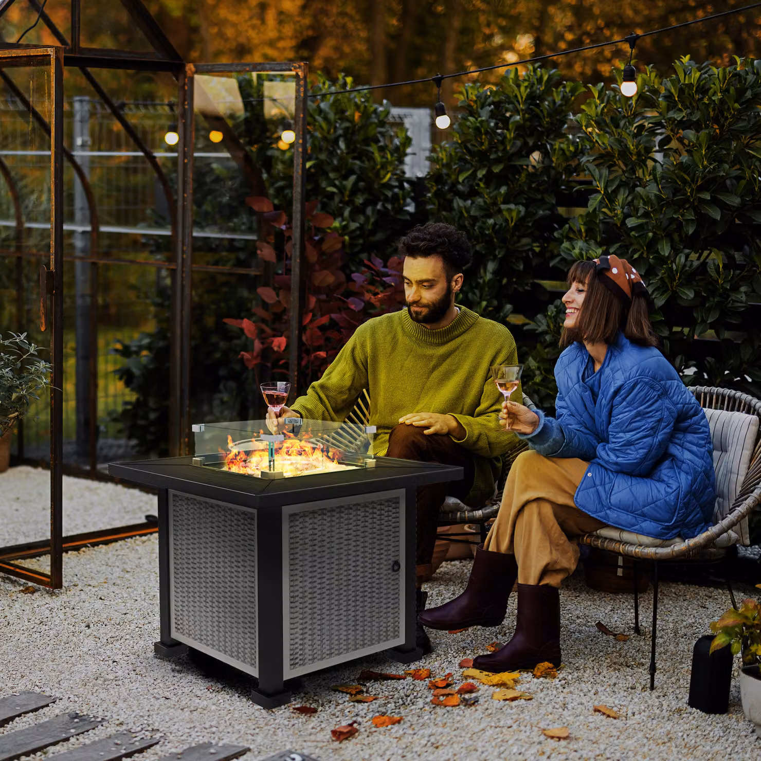 Outsunny Grey Rattan Gas Fire Pit Table with Glass Screen and Lid – 2