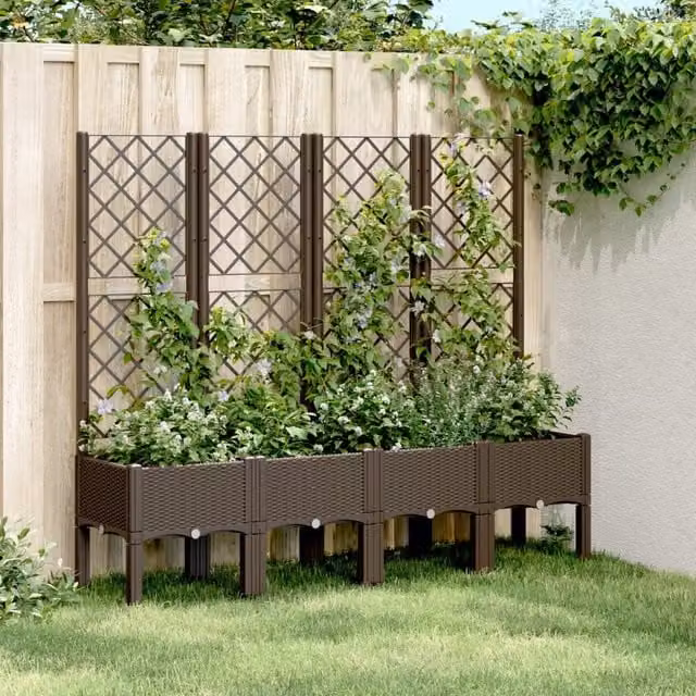 Berkfield Home Garden Planter with Trellis in Brown, W/D/H: 160 x 40 x 142 cm