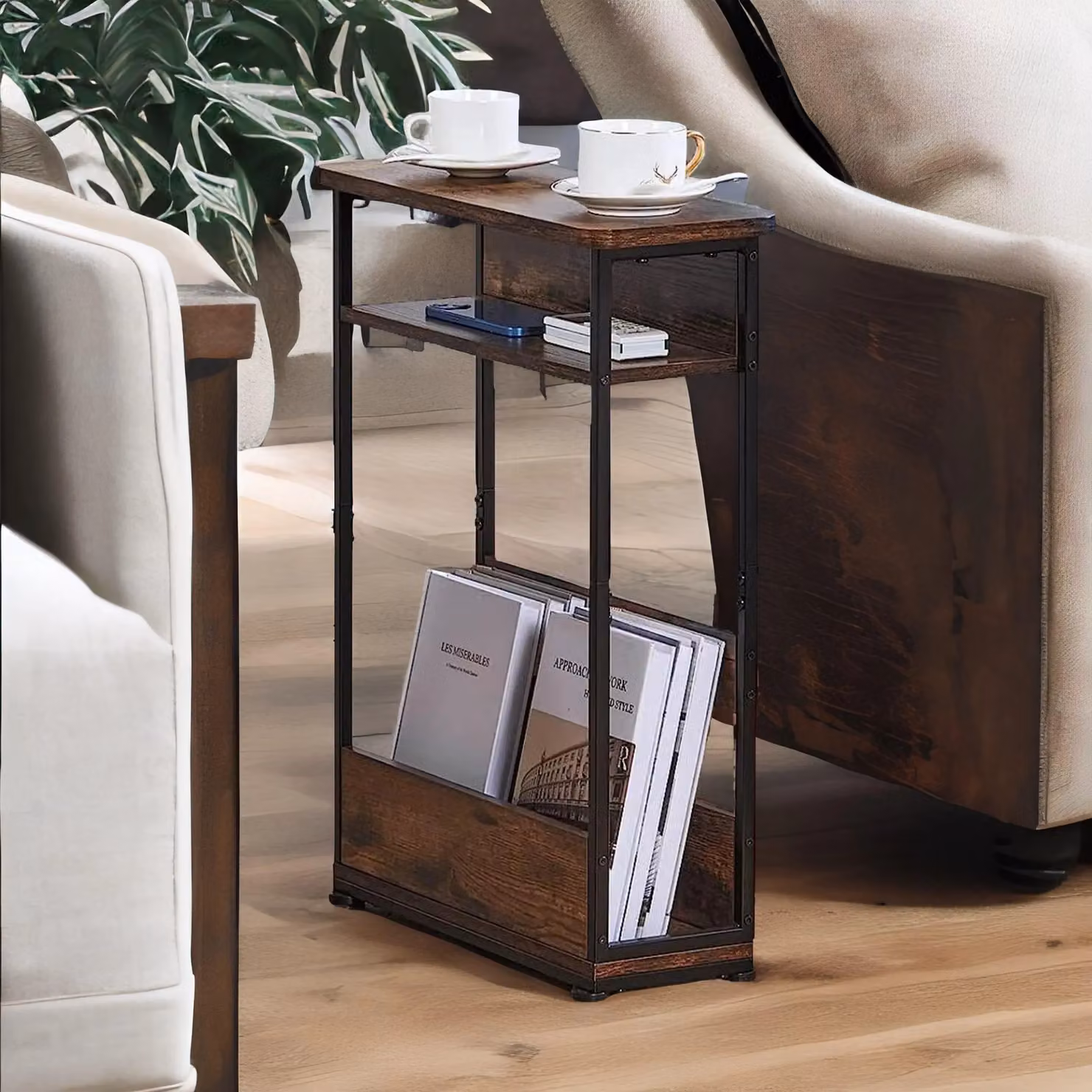 Rafaelo Mobilia Industrial Rustic 3 Tier Side Table with Magazine Rack in Dark Brown – 4