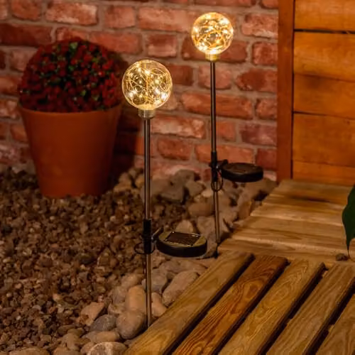 ValueLights Fairy Globe Solar Powered Outdoor Spike Lights 2 Pack in Transparent Glass with Warm White Light – 3