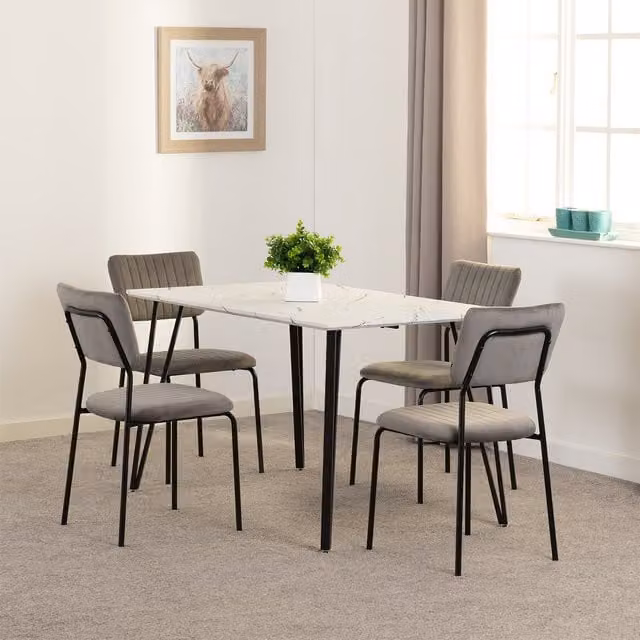 Seconique Marlow and Sheldon Modern Rectangular Dining Set with White Marble Effect Table and Grey Velvet Upholstered Chairs