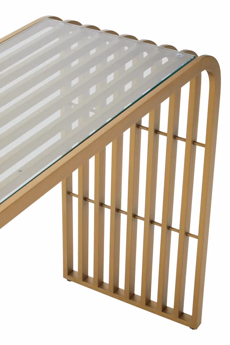Orsina Vogue Art Deco Slatted Console Table in Matte Gold with Glass Top – 3