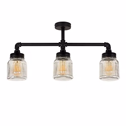 MiniSun Luiggi Industrial Steampunk 3 Way Bar Ceiling Light in Black with Transparent Ribbed Glass Jar Shades