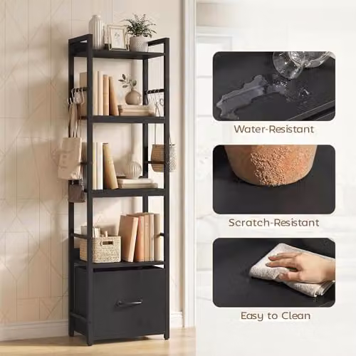 HOMCOM 4-Tier Bookshelf with Drawer and 8 Hooks, Black, W: 39 cm, D: 26 cm, H: 136.5 cm – 6