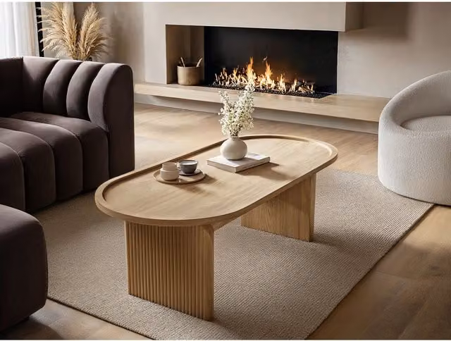 Solace+Co Varm Ribbed Wooden Oval Coffee Table in Brown Oak, W/D/H: 60 x 60 x 38 cm – 1