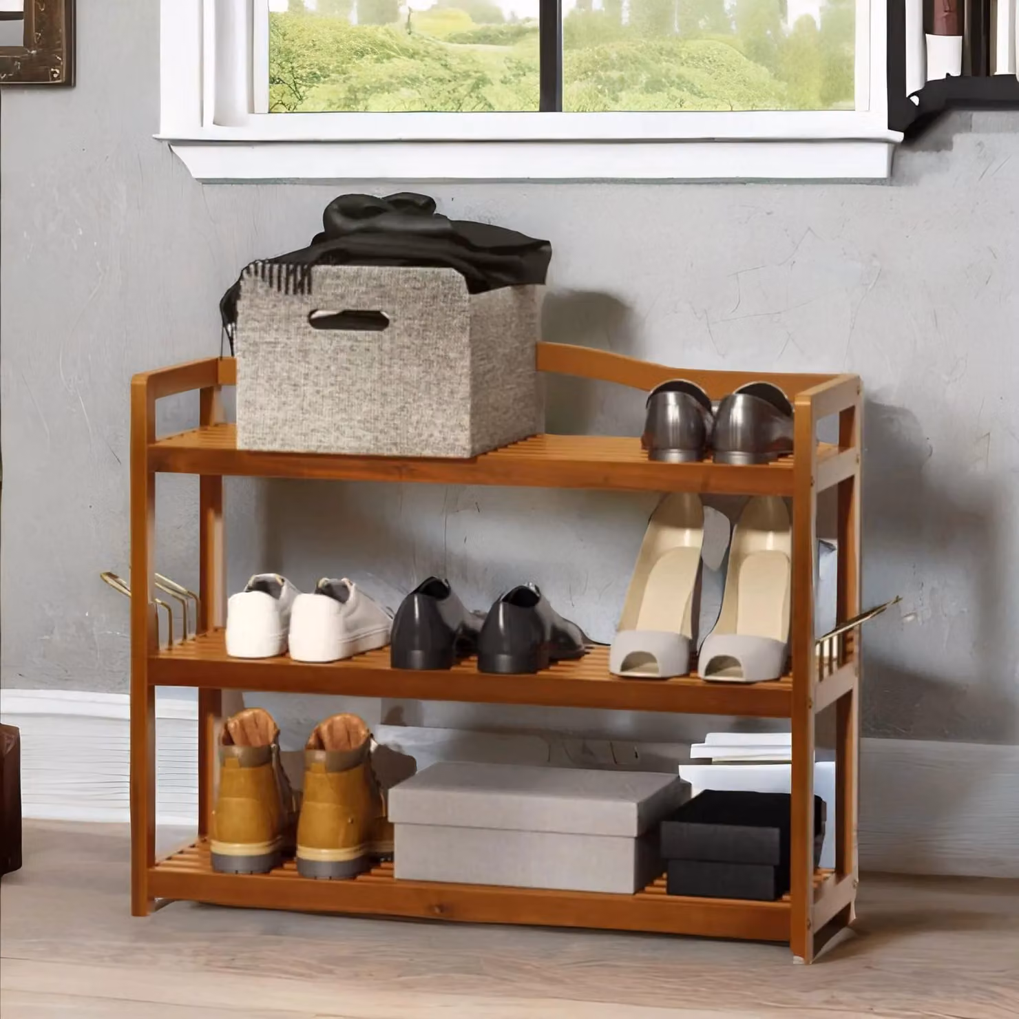 FURNOS 3-Tier Acacia Wood Vertical Shoe Rack with Hanging Hooks in Brown – 2