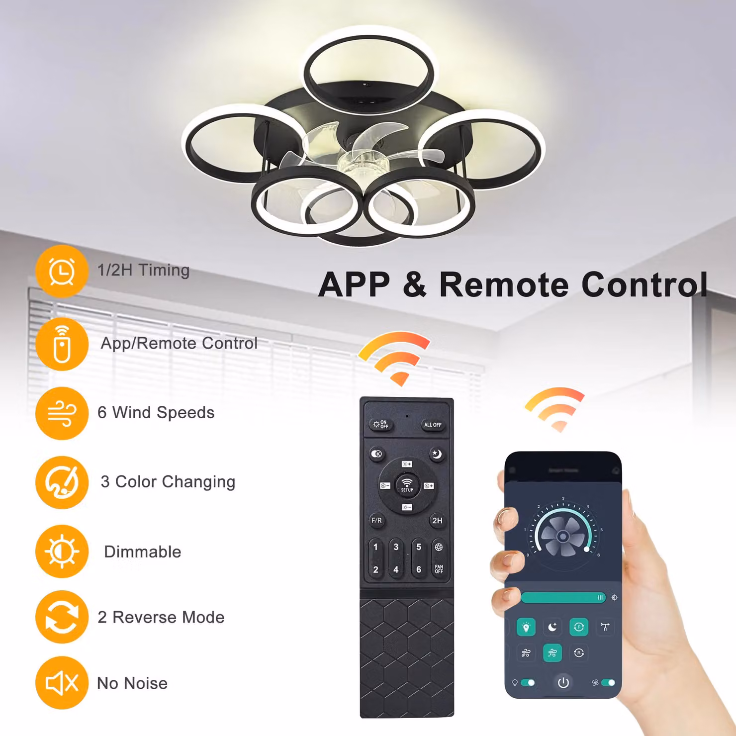 Garwarm Modern Bladeless LED Ceiling Fan with Light and Remote Control, Black, Diameter: 63 cm – 3