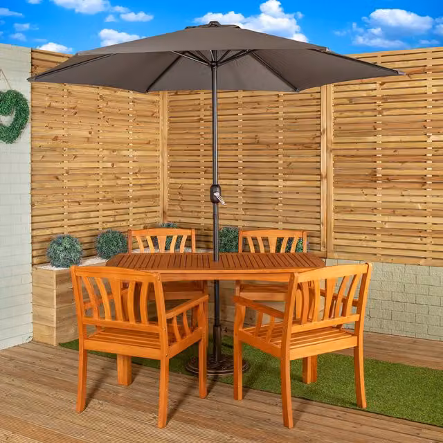 Samuel Alexander Vintage Floral Lacquered Grey Outdoor Table and Chairs Set with Parasol and Base