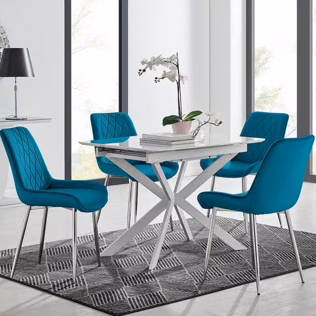 FurnitureboxUK LIRA 100 Extending Rectangular Glass Dining Table and 4 Pesaro Silver Leg Chairs in Blue, White and Silver