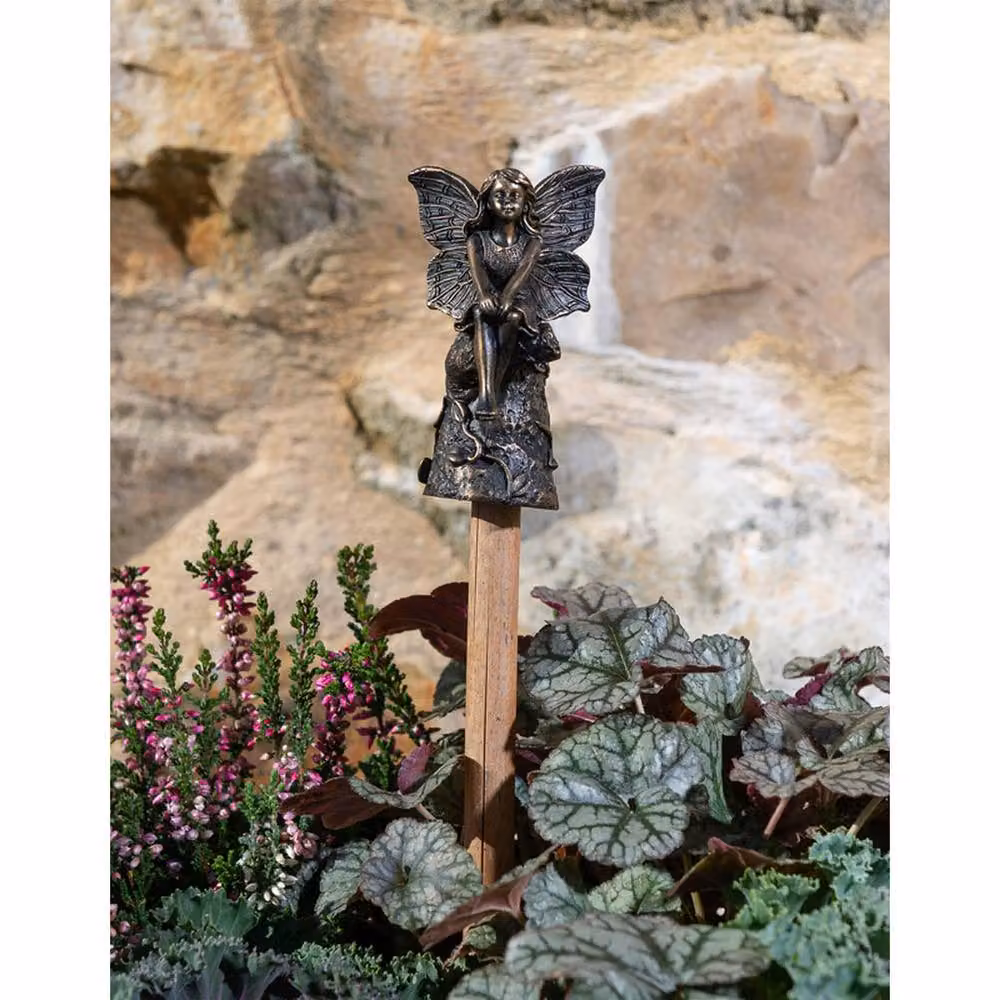 Jardinopia Fairy Sitting On Tree Stump Stake or Cane Topper in Bronze, W: 5 cm, D: 4.5 cm, H: 8.5 cm – 5