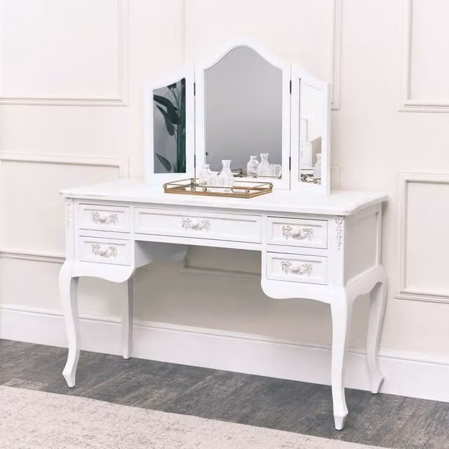 Melody Maison Pays Blanc Antique White Shabby Chic Dressing Table with Triple Mirror