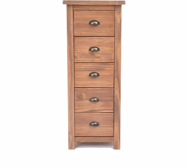 Cabinet Bits Padua 5 Drawer Narrow Chest of Drawers in Brown Pine Wood with Antique Brass Cup Handles – 1