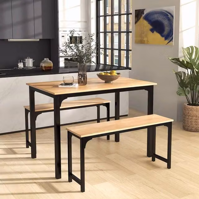 KORVIXA 3-Piece Industrial Dining Table and Benches Set in Brown – 1