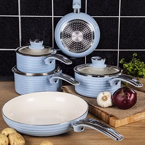 Swan SWPS5020BLN Retro 5 Piece Aluminium Pan Set with Ceramic Non-Stick Coating and Glass Lids, Blue – 3