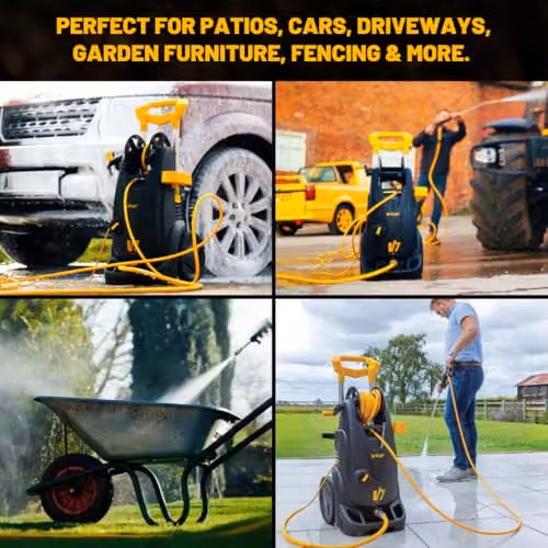 V-TUF Professional Pressure Washer V 7 in Black with 195 Bar Max Pressure, 7.2 L/min Flow Rate, 10m Hose Reel, Metal Lance and Snow Foam Bottle – 6