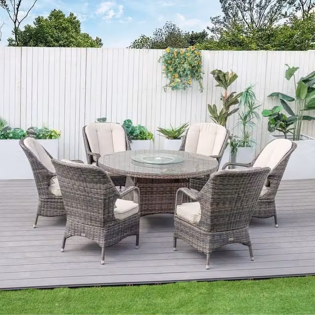 Abrihome 6-Seater Brown Powder Coated Aluminium Round Dining Table Set with Rotating Glass Top