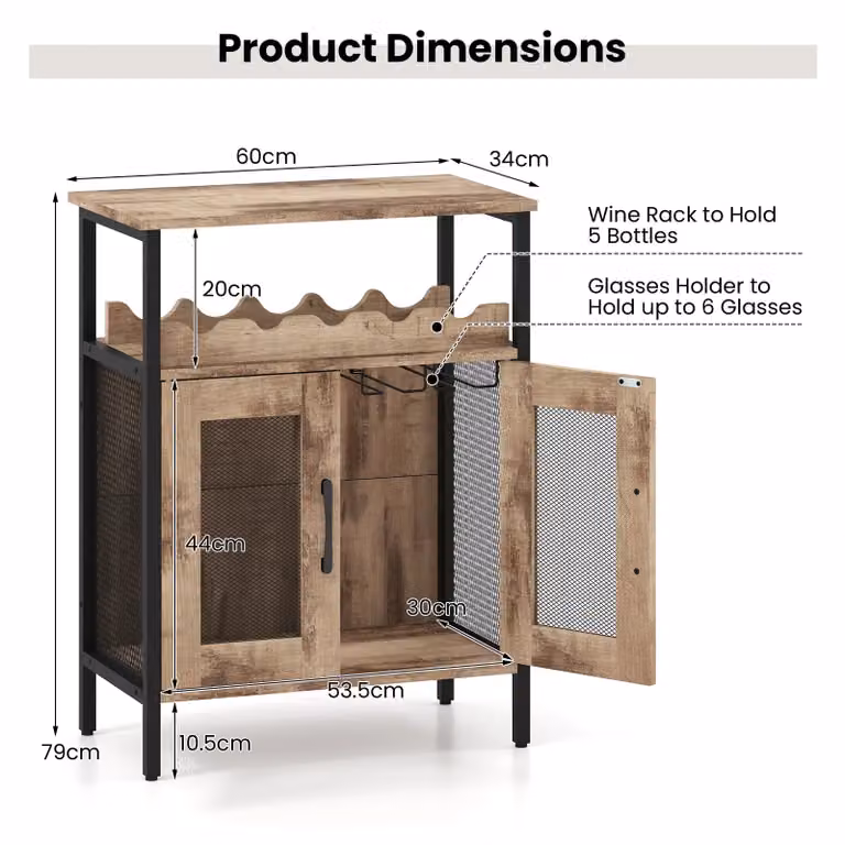 Gymax Industrial Wine Bar Cabinet with Removable Wine Rack and Glass Doors in Grey Wash