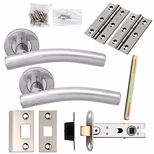 Loops Door Handle and Latch Pack in Polished Steel Silver with Arched Lever and Screwless Round Rose