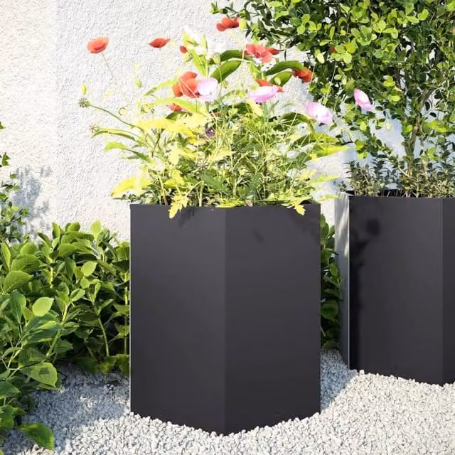 Berkfield Home Black Hexagon Steel Garden Planter Tub W: 46 cm, D: 40 cm, H: 45 cm