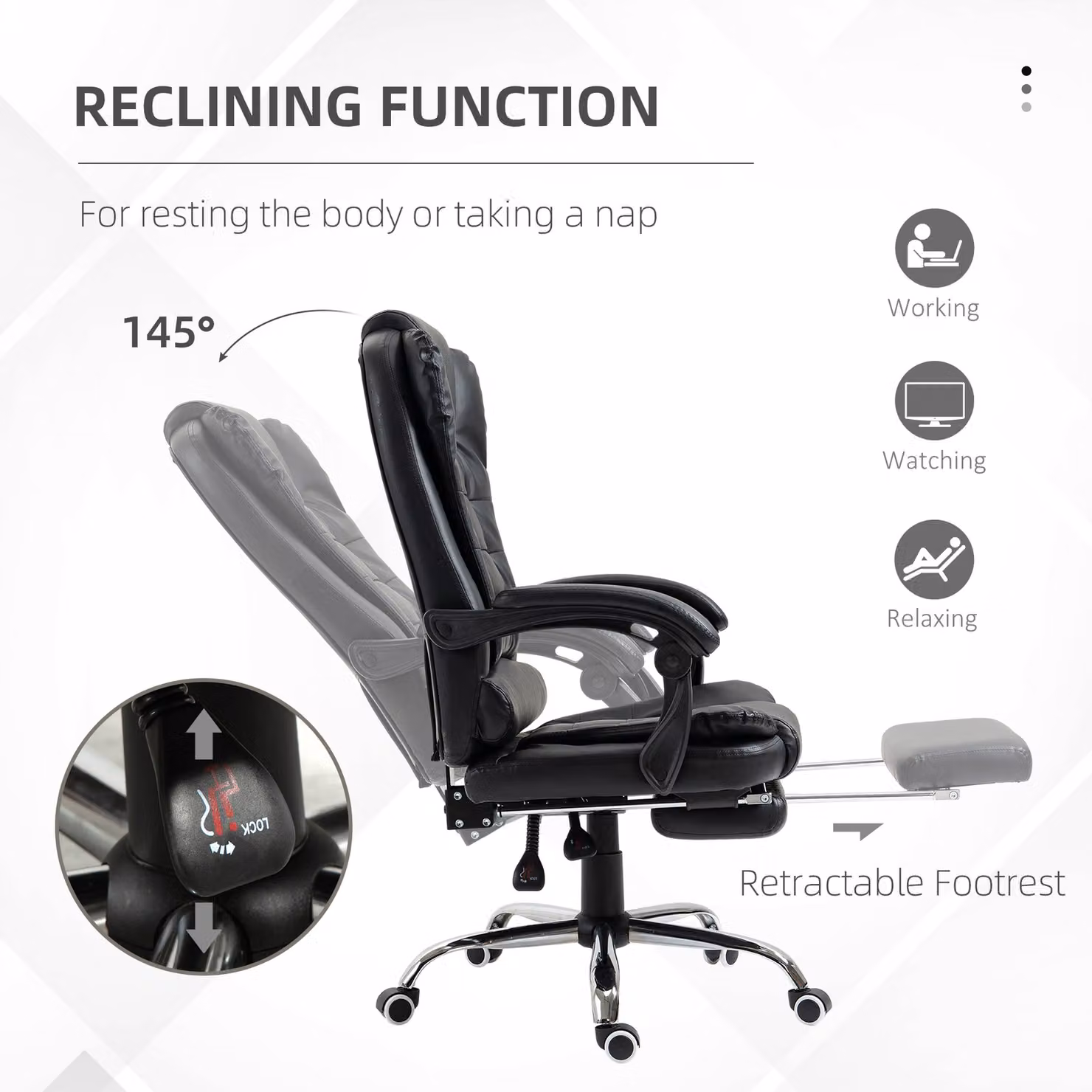 HOMCOM Black Executive PU Leather Office Chair with Headrest, Retractable Footrest and Swivel Wheels – 4