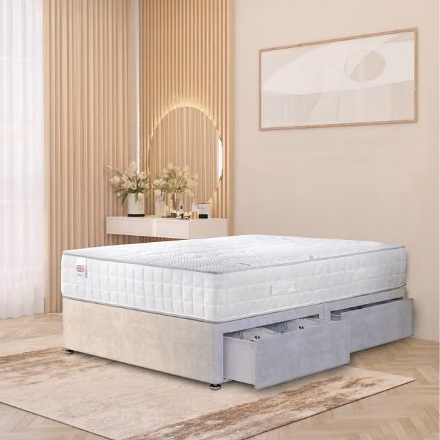 Horizona Silver Plush Velvet Upholstered Divan Bed with Hybrid Memory Foam Pocket Spring Mattress, W/D/H: 200 x 200 x 34.5 cm