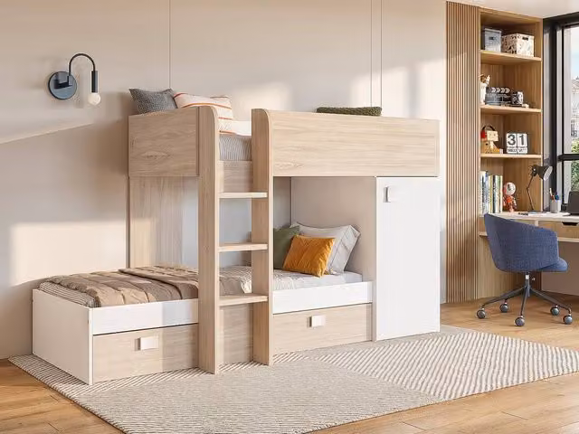 Vente-unique Reversible Corner Bunk Beds with Storage in Oak and Light Oak, W/D/H: 190 x 90 x 150 cm – 1