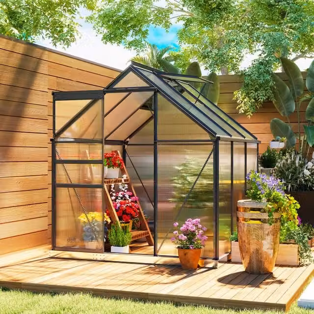 Outsunny Polycarbonate Greenhouse with Sliding Door and Windows in Grey
