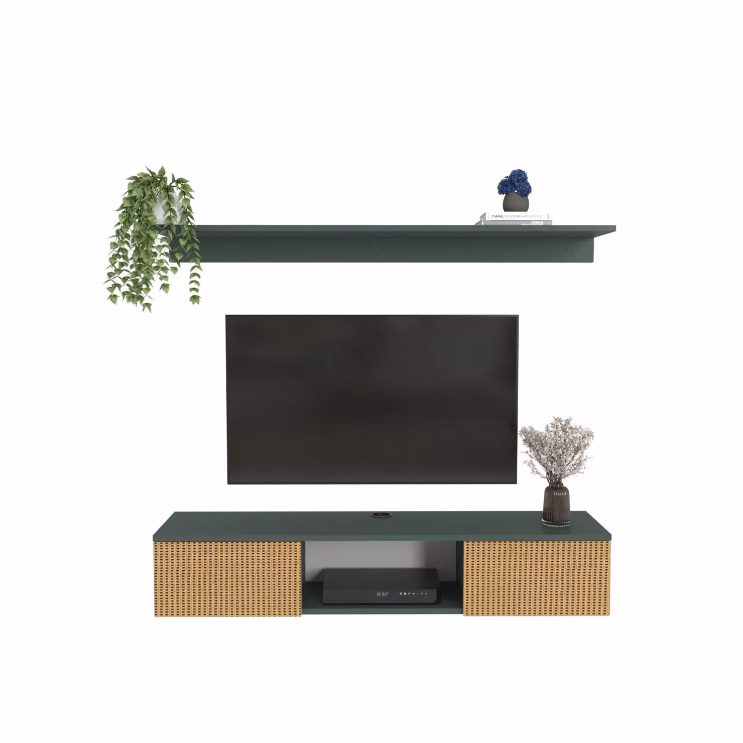 Decorotika Elia Modern Wall Mounted TV Unit with Rattan Details and Wall Shelf in Green, Width: 140 cm – 3