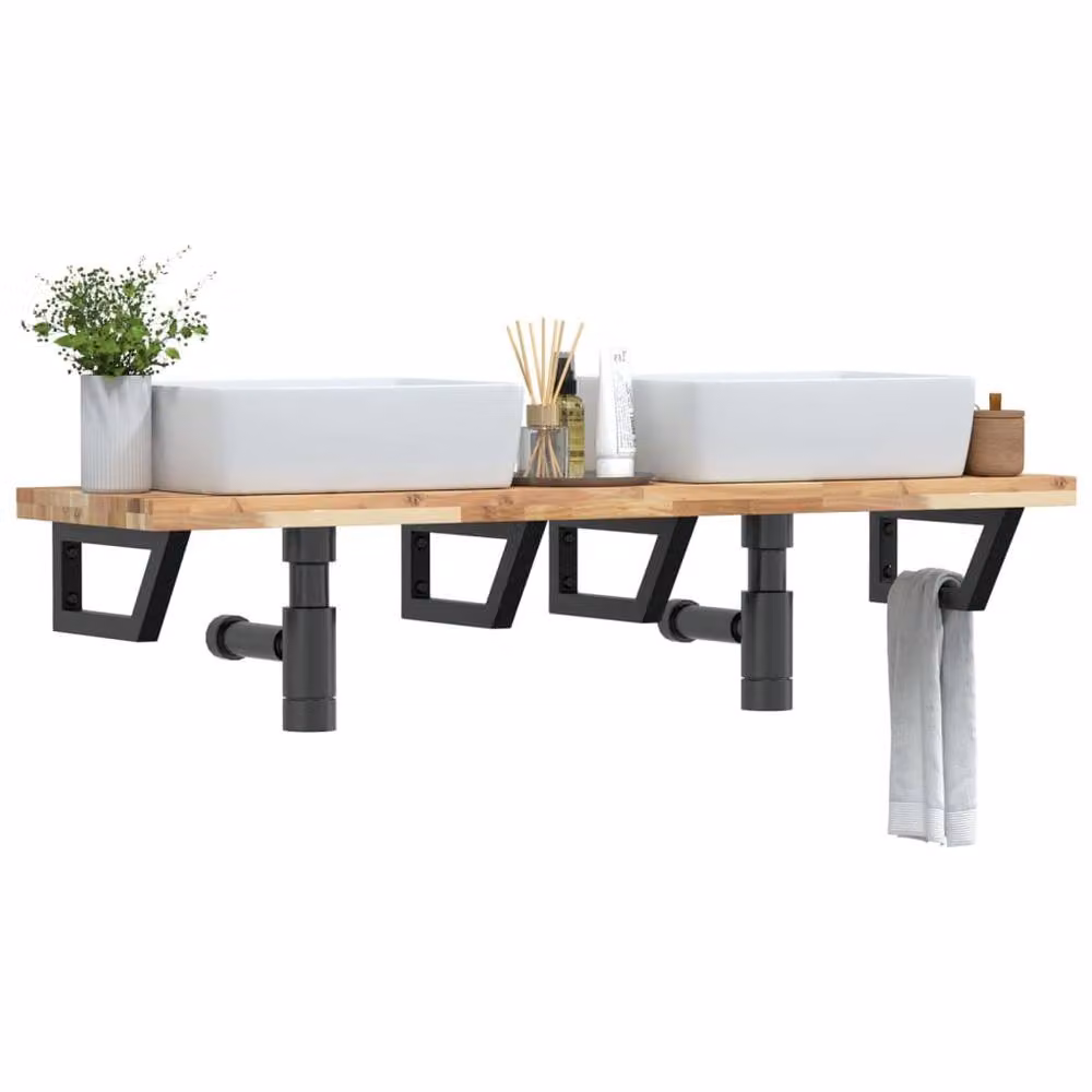 Berkfield Home Wall Mounted Basin Shelf in Brown Acacia Wood and Steel – 2