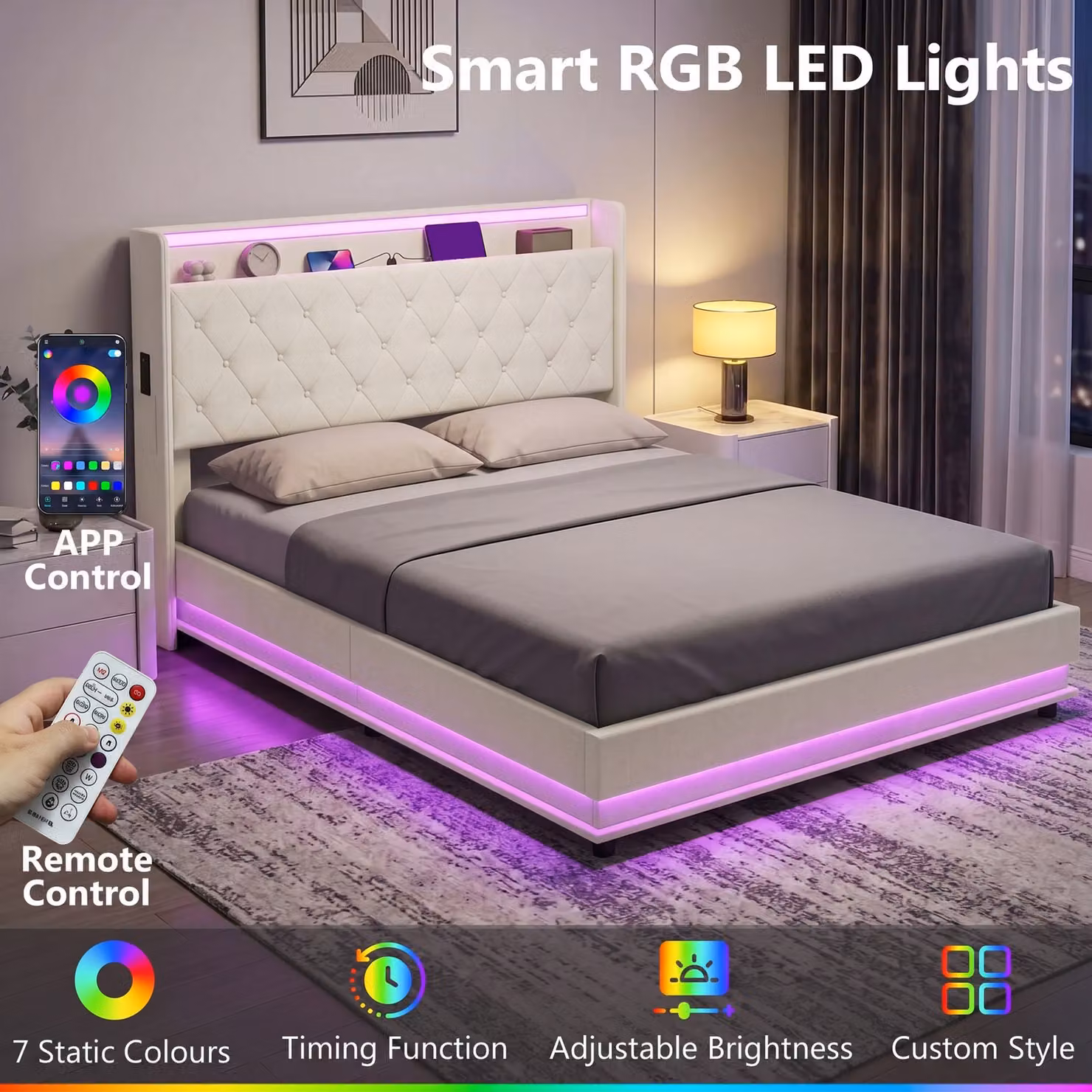 HOMCOM King Size Bed Frame in White with Hydraulic Storage, LED Lights, USB Charging Port and Headboard – 4