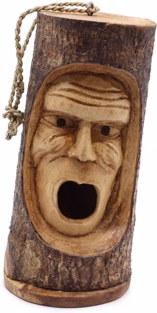 KDMK Hand-Carved Rustic Tree Trunk Bird House with Grumpy Old Man Face in Brown