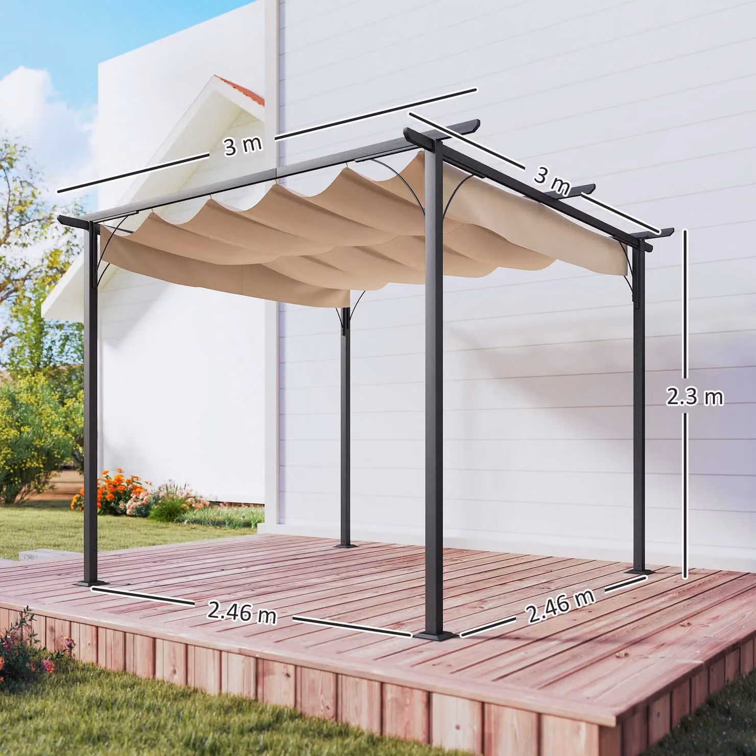 OUTSUNNY Metal Outdoor Pergola Gazebo with Retractable Canopy in Beige, W: 300 cm, D: 300 cm, H: 230 cm – 3