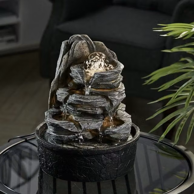 Livingandhome Layered Rock Effect Desktop Water Feature with LED Crystal Ball, Grey