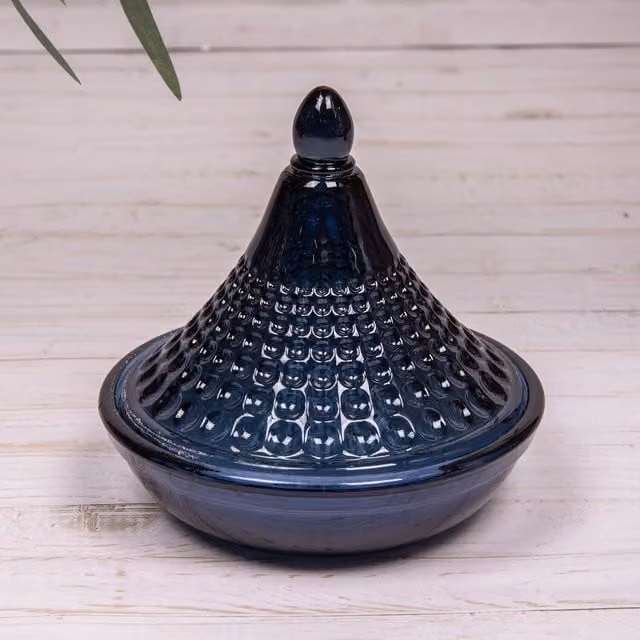 Annibells Blue Green and Brown Moroccan Patterned Glass Tagine Planter with Metal Lid, Height: 13 cm