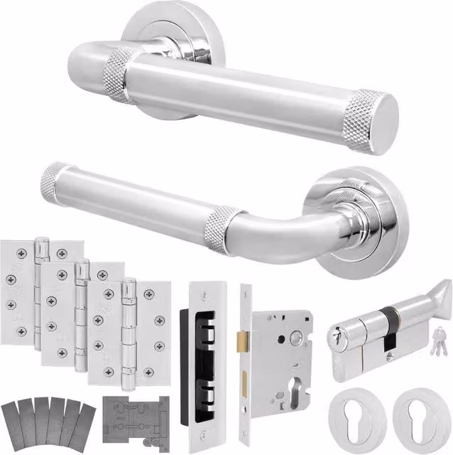 AFIT Chrome Fire Door Handle Euro Lock Thumbturn Cylinder Set with Hinges in Silver, W/D/H: 15 x 15 x 1.5 cm – 1
