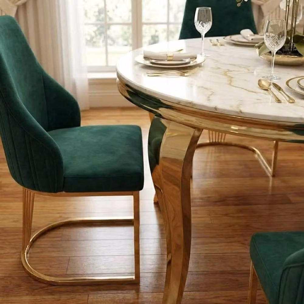 HOME LUXE INTERIOR Sofia Round Cream and Gold Marble Dining Table with 4 Lasco Green and Gold Chairs, Diameter: 150 cm – 4