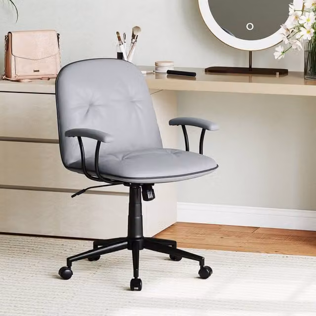 Costway Grey PU Leather Swivel Home Office Task Chair with Armrests and Castors