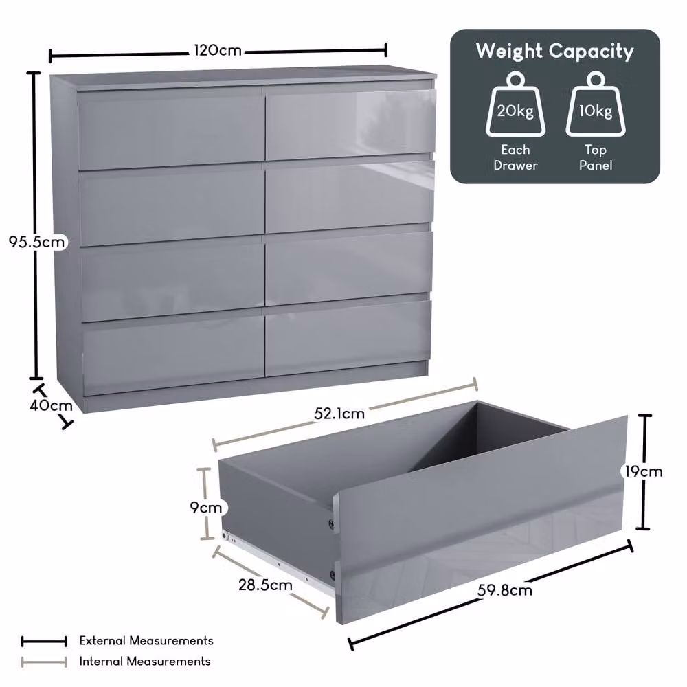 Vida Designs Glinton Gloss 8 Drawer Chest of Drawers in Grey – 2