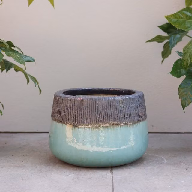 Primrose Brooklyn Low Round Glazed Outdoor Planter in Two Tone Blue, 27cm, 92l